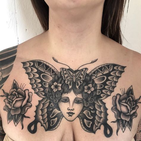 Trad Chest Tattoo Female, Trad Chest Tattoo, Bert Grimm, F Tattoo, Butterfly Lady, Tattoo 2023, Chest Tattoo Female, Stomach Tattoo, Tattoo Female