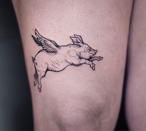 Flying Pig by Tom Chili Pepper at Moving Tattoo Cie. Montreal QC When Pigs Fly Tattoo, Pigs Fly Tattoo, Flying Pig Tattoo, Piglet Tattoo, Pigs Flying, Pepper Tattoo, Moving On Tattoos, Stick And Poke Tattoos, Pig Tattoo