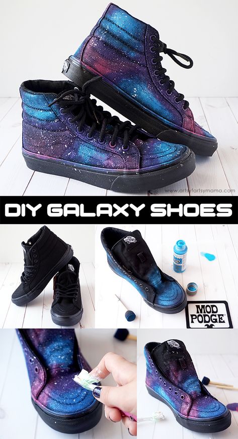 Step up your sneaker game with DIY Galaxy Shoes that are out of this world! #galaxy #shoes #diy #diycrafts #painting #plaidcrafts #sneakers #kids #fashion #craft Diy Galaxie, Diy Galaxy Shoes, Galaxy Shoes, Painted Shoes Diy, Diy Fashion Trends, Diy Galaxy, Diy Sneakers, Sneakers Kids, Shoes Diy