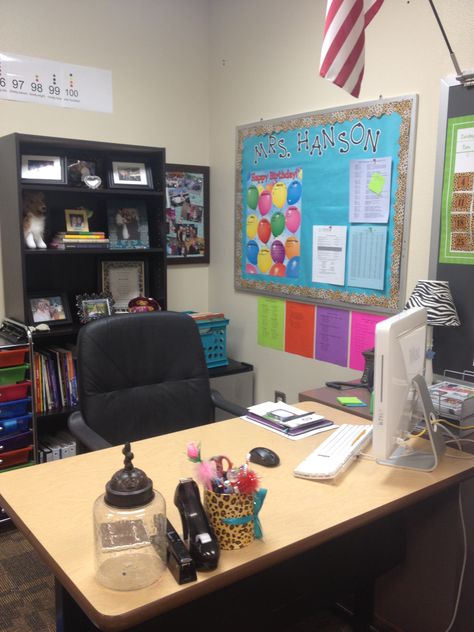 My teacher area Teacher Computer Area, Counselor Office Setup, Elementary School Counselor Office Decor, School Counselor Office Setup, Teachers Office Ideas, High School Counselors Office, Childcare Facility, Counseling Decor, Teacher Desk Areas