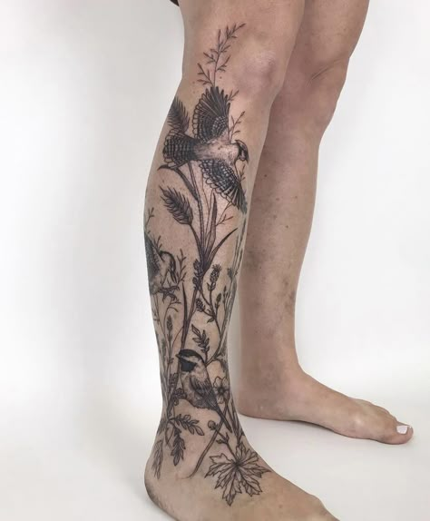 Floral nature tattoo Nature Patchwork Leg Tattoo, Huge Back Tattoo, Botanical Leg Sleeve, Nature Leg Tattoo, Plant Tattoo Men, Floral Leg Tattoo, Collage Tattoo, Hunter Tattoo, Full Hand Tattoo