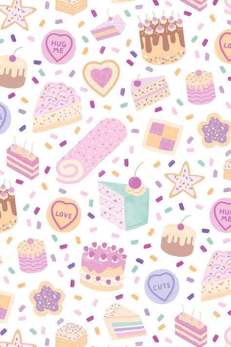 Sweet treats, cakes, and biscuits pattern design #cakes #cuteart #surfacepattern #pastelart Cake Pattern, Blender Pattern, Cute Seamless Pattern, Sweet Treats Illustration, Bakery Pattern Illustration, Candy Pattern Illustration, Repeat Pattern Procreate, Repeating Pattern Design, Kawaii Seamless Pattern