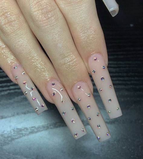 Simple Long Nails With Rhinestones, 2002 Nails, Dimond Nails Ideas, 2023 Graduation Nails, Square Acrylic Nails Bling, Rhinestone Nails Long, Acrylic Nails Bling, Nails Long Square, Nails Bling