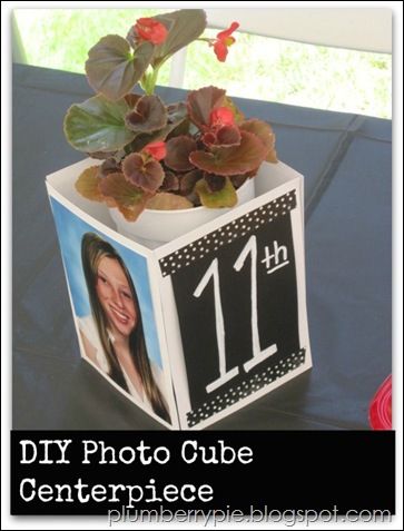 plumberry pie diy photo cube centerpiece Photo Cube Centerpiece, Cube Centerpiece, Picture Centerpieces, Diy Photo Cube, Photo Centerpieces, Family Reunion Invitations, Paper Cube, Photo Cube, Reunion Invitations