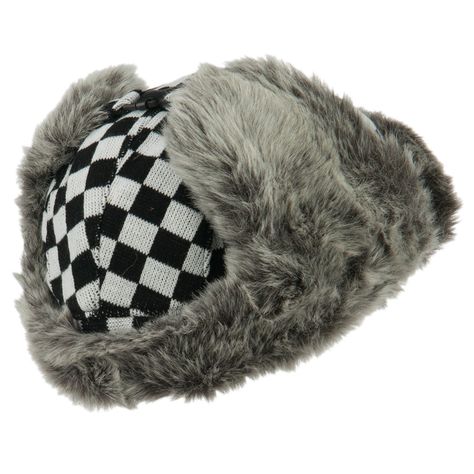 Checkered Trooper HatMade of 100% acrylic; 85% acrylic and 15% polyester (inner shell).One size fits most, fitting up to XL.Adult/Unisex.Crown measures 4 inches deep.Earflap measures 7 inches long.Bill measures 4 inches high.Hand wash only.Imported. Jacquard knitted trooper hat for ladies and gentlemen.Checkered design hat.Fur trimmed trooper hat.Crown is quilted lined inside.Ear flaps are fur lined.Fur bill is attached on the front crown.Our jacquard trooper hat is perfect for winter trips, sno Inside Ear, Trooper Hat, Ladies And Gentlemen, Jacquard Knit, Winter Hats, Crown, Purple, Hats, Black