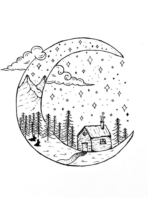 Black and white moon and wilderness sketch Winter Black And White Drawing, Black And White Sketches Simple, Christmas Pencil Drawings Easy, Black And White Coloring Pages Aesthetic, Cute Winter Drawings Easy, Christmas Drawing Black And White, Bujo Black And White, Simple Christmas Sketches, Christmas Sketch Ideas Simple