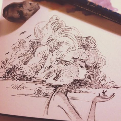 Person Trying To Escape Drawing, Fluffy Bird Drawing, Cloudy Hair Drawing, Cloud Person Drawing, Cloud People Art, Cloud Person Art, Storm Cloud Illustration, Wander Drawing Ideas, Fluffy Clouds Drawing