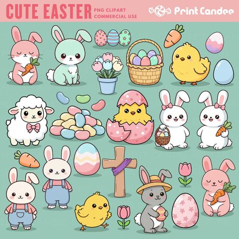 Smiling Lamb, Bunnies Cute, Sublimation Stickers, Easter Sublimation, Decorated Eggs, Stickers Scrapbook, Cute Rabbits, Kawaii Bunny, Easter Clipart