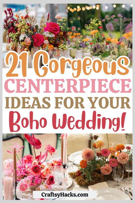 Transform your wedding tables with exquisite boho wedding decor. Discover wedding centerpiece ideas that incorporate earthy tones and eclectic details. Ideal for planning a wedding that's stylish on a budget. Boho Themed Wedding Centerpieces, Boho Wedding Must Haves, Wedding Table Decorations Natural, Alternative Wedding Centerpiece Ideas, Boho Arrangement Wedding, Pampas’s Grass Wedding Decor, Trendy Wedding Centerpieces, Summer Flower Wedding Centerpieces, Simple Rustic Wedding Centerpieces Long Tables