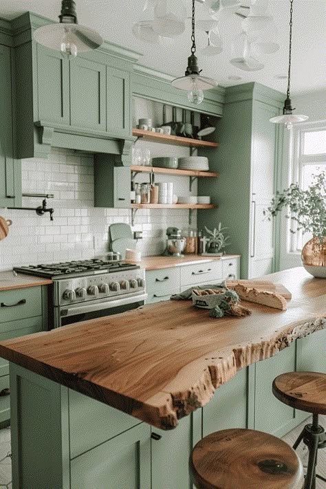 sage green kitchen Green Kitchen Theme Ideas, Green Theme Kitchen Ideas, Kitchen Interior Design Green, Kitchen Purple Decor, Tiles For Sage Green Kitchen, Country Kitchen Sage Green, Green House Aesthetic Kitchen, Sage Green Coastal Kitchen, Sage Farmhouse Kitchen