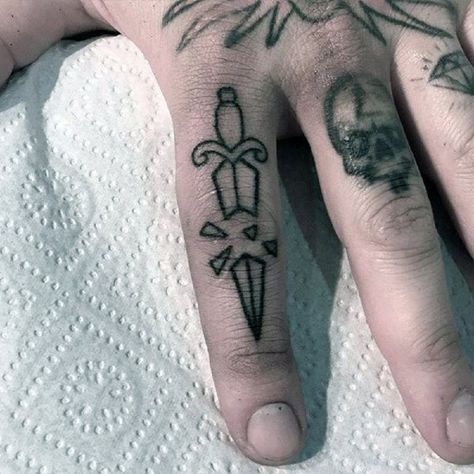 Dagger Hand Tattoo, Dagger Tattoos, Traditional Dagger Tattoo, Knife Tattoo, Hand And Finger Tattoos, Omerta Tattoo, Dagger Tattoo, Small Hand Tattoos, Poke Tattoo