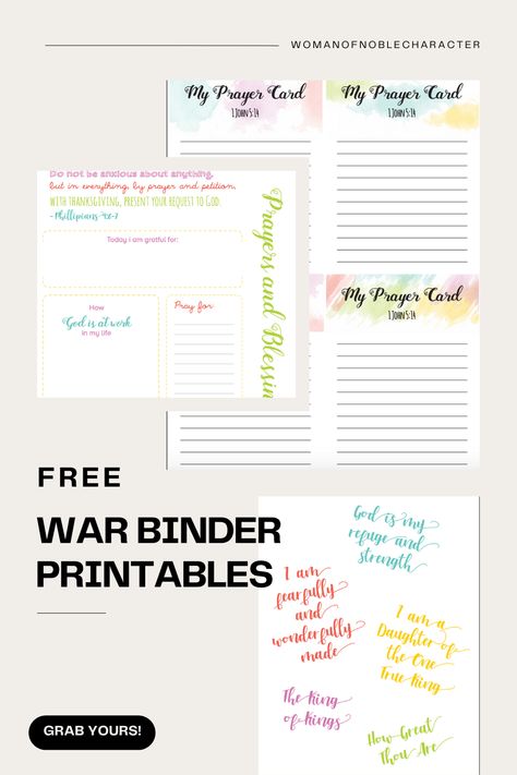 From My prayer cards to phrases from the Bible and more, get your free war binder printables to customize your prayer journal the easy way. Bible Binder, Prayer Binder Ideas Free Printables, Printable Bible Tabs Template, Prayer Journal Template Free Printable, Faith Planner Free Printable, Free Bible Journaling Printables, Prayer Binder Ideas, Petition Prayer, Prayer Journal Printable