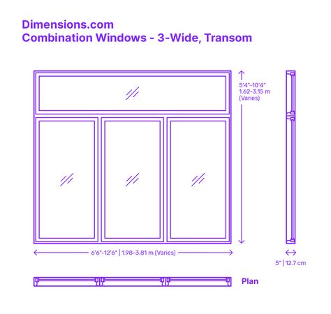 The 3-Wide Transom combination window is a tasteful design that features three vertical panels in a single horizontal row, topped by a continuous transom gracefully spanning all three panels in the second row. This three-panel-wide layout expertly merges form and function, ensuring a generous influx of natural light and presenting extensive views. Downloads online #windows #buildings #construction Three Windows In A Row, 3 Panel Window, Standard Window Sizes, Floor Plan Symbols, Aluminum Doors, Window Dimensions, Elevation Drawing, Window Detail, Tall Windows