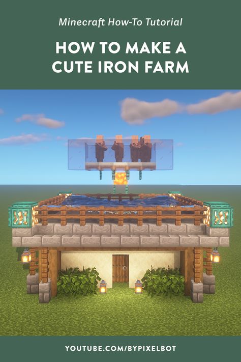 How to Make a Cute Iron Farm (No Zombies) Easy Minecraft Tutorial Minecraft Starter Farm Ideas, Minecraft Iron Farm Design, Minecraft Camp Fire Ideas, Minecraft Iron Farm, Minecraft House Ideas Cottage, Minecraft Bases, Minecraft Camp, Minecraft Farms, Farm In Minecraft