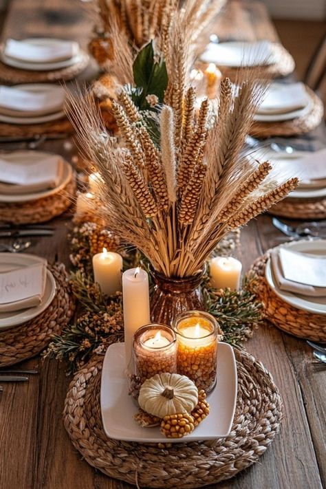 Make DIY centerpieces with dried corn and wheat stalks for a rustic Thanksgiving touch. #ThanksgivingDIY #RusticCenterpieces #SeasonalStyle Thanksgiving Tables, Rustic Thanksgiving, Dried Corn, Cozy Dinner, Thanksgiving Diy, Rustic Centerpieces, Diy Centerpieces, Thanksgiving Decor, Thanksgiving Table