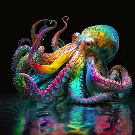 Rainbow Octopus Tattoo, Octopus Art Project, Fantasy Octopus, Colourful Octopus, Rainbow Octopus, Octopus Pictures, Octopus Artwork, Octopus Colors, Octopus Painting