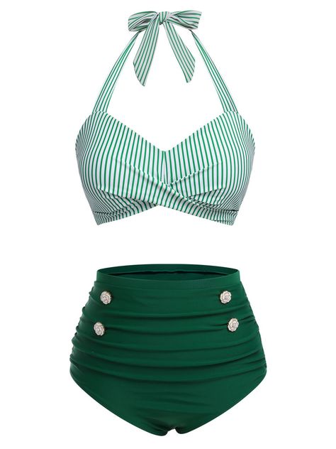 [Pre-Sale] Green 1940s Striped Halter Swimsuit Set | Retro Stage 1950's Outfits, Cruise Swimsuit, Pinup Swimsuit, Retro Stage, Swimsuit Green, Pin Up Swimsuit, Retro Bathing Suits, Retro Swimwear, 1950s Outfits