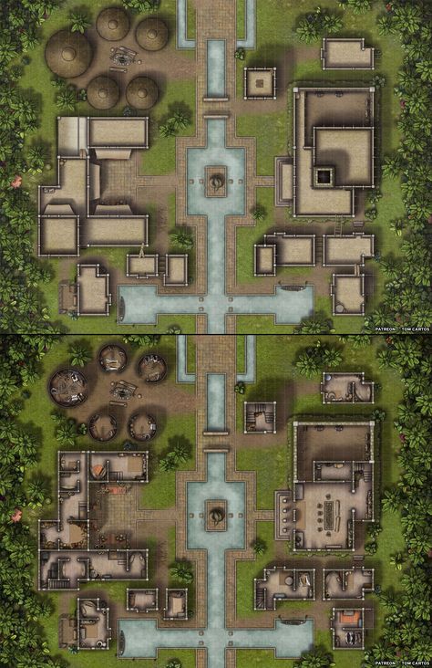 A few hundred metres south of the Ziggurat of Cihua is Cihua'tal, a small settlement of lizard folk who worship the serpent goddess. The tribe is scattered throughout the surrounding jungle in small groups, but the centre of the community is here, and in times of celebration or danger they will congregate together. #tomcartos #battlemap #map #ttrpg #dnd #dungeonsanddragons #pathfinder #5e #free #jungle #lizardfolk #yuanti #village #tribe #aztec #mayan Jungle Village, Pathfinder Maps, Pen And Paper Games, Fantasy City Map, Village Map, Dnd World Map, Tabletop Rpg Maps, Rpg Map, Town Map