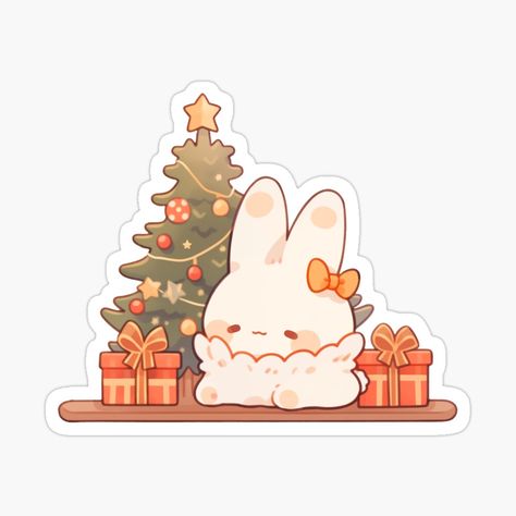 Cute Kawaii Rabbit under the Christmass Tree by CozyKawaiiArt | Redbubble Christmas Chibi, Xmas Stickers, Christmas Kawaii, Christmas Stickers Aesthetic, Kawaii Shirts, Pusheen Cute, Kawaii Christmas, Kawaii Bunny, Procreate Ipad Art