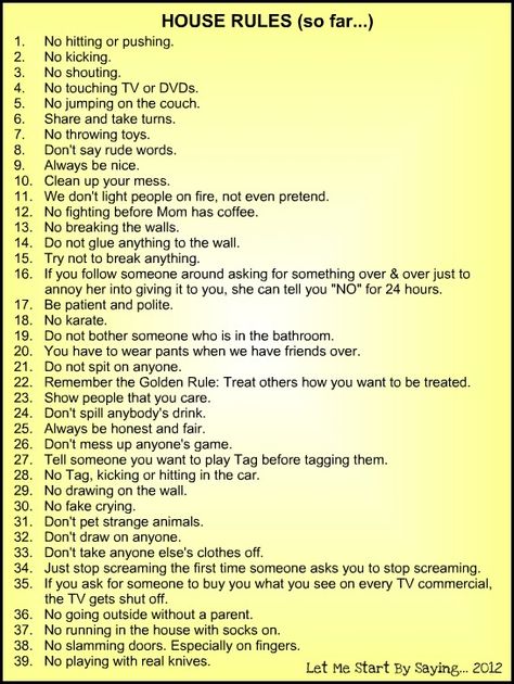 House Rules List by Kim at Let Me Start By Saying... Because @GDRPempress asked nicely. Logical Consequences, Parenting Rules, Rude Words, Rules For Kids, Parenting Preteens, Family Rules, Chores For Kids, Kids Behavior, House Rules