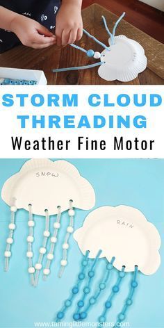 Cloud Fine Motor Activities, Threading Preschool Activities, Storm Cloud Threading, Threading Ideas For Preschool, Cloud Projects For Preschoolers, Cloud Kindergarten Activities, Weather Craft Kindergarten, K-2 Activities, Weather Fine Motor Activities For Toddlers