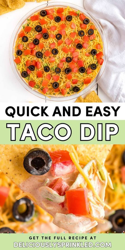 Always one of the best holiday appetizers! This cold dip is a perfect New Year's Eve food idea or a simple game day recipe. With a combo of cream cheese and sour cream, this Easy Taco Dip is delicious! Taco Dip Recipe With Cream Cheese, Cold Dip Appetizers, Cold Taco Dip With Cream Cheese, Taco Dip With Sour Cream, Crockpot Dips For Parties Easy, Holiday Party Food Easy, Easy Yummy Dips, Easy Taco Dip, Cream Cheese Taco Dip