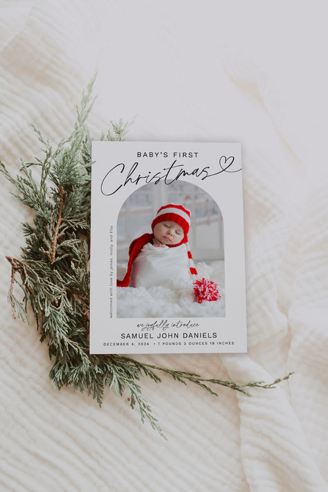 Celebrate your little one's first Christmas in style with this customizable birth announcement card template! Perfect for spreading holiday cheer and sharing your baby's arrival with loved ones. Easy to edit, download, and print at home. Ideal for new moms, photographers, and anyone looking for a personal touch to their Christmas greetings. #christmasbaby #christmasbirthcard Christmas Card Birth Announcement, Mistletoe Printable, Birth Announcement Christmas Card, Christmas Birth Announcement, Holiday Birth Announcement, Christmas Mistletoe, Birth Announcement Photos, Birth Announcement Template, Newborn Announcement