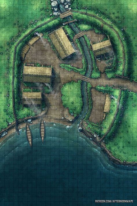 Fishing Village Battle Map - Launch | Afternoon Maps on Patreon Ttrpg Map, Art Viking, Forest Map, Fantasy City Map, Village Map, Viking Village, Dnd World Map, Building Map, Map Making