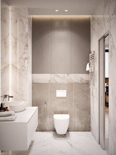 Sometimes luxury comes in small packages – while many may envision a "luxury home" as necessitating a sprawling floor plan, these stylish spaces take a more m Small Bathroom Modern, Toilette Design, Luxury Bathroom Master Baths, Beige Bathroom, Cheap Bathrooms, Luxury Marble, Toilet Design, 아파트 인테리어, Trendy Bathroom