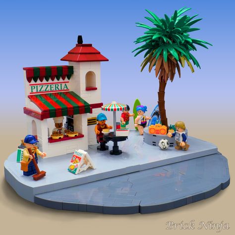 Lego Pizza, Lego Beach, Pizzeria Design, Outdoor Eating Area, Lego Organization, Classic Lego, Delivery Driver, Lego Builder, Outdoor Eating