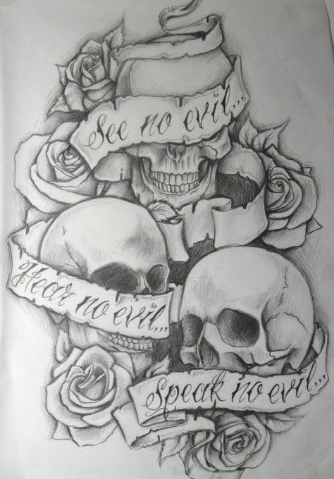 see no evil, hear no evil, speak no evil Evil Skull Tattoo, Evil Tattoo, Evil Tattoos, Kunst Tattoos, Tattoo Zeichnungen, Sugar Skull Tattoos, Hear No Evil, Speak No Evil, Geniale Tattoos