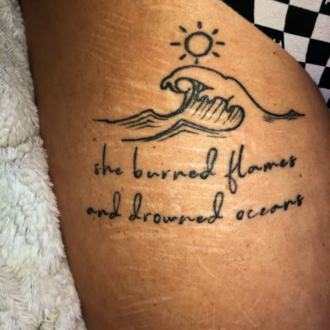 quote tattoo with ocean and sun. Semi colon hiddin in the crest of the wave and sun Ocean Semi-colon Tattoo Ideas, Ocean Wave Memorial Tattoo, Survived Tattoo Ideas, Wave And Semi Colon Tattoo, Ocean Tatoos Woman, Tattoos For Surviving, Ocean Quotes Tattoo, Surviving Tattoos, Obx Tattoos Ideas