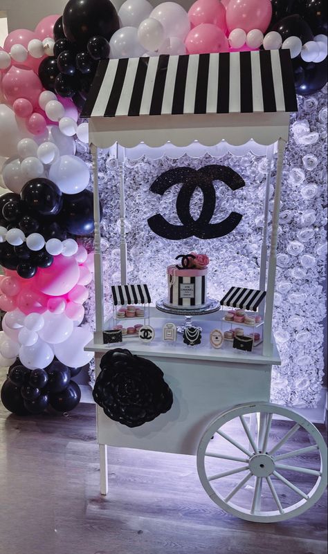 Sweet 16 Chanel Theme, Chanel Decorations Party, Chanel Balloons, Dior Birthday Party, Dior Birthday Theme, Vogue Themed Party, Chanel Sweet 16, Designer Birthday Party, Chanel Party Theme Decoration