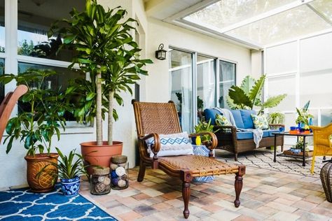 vintage west indies chaise Lanai Makeover, Lanai Decorating, Florida Lanai, Key West Decor, Southwest Modern, Yellow Accent Chairs, Bright Furniture, Colorful Patio, Patio Makeover