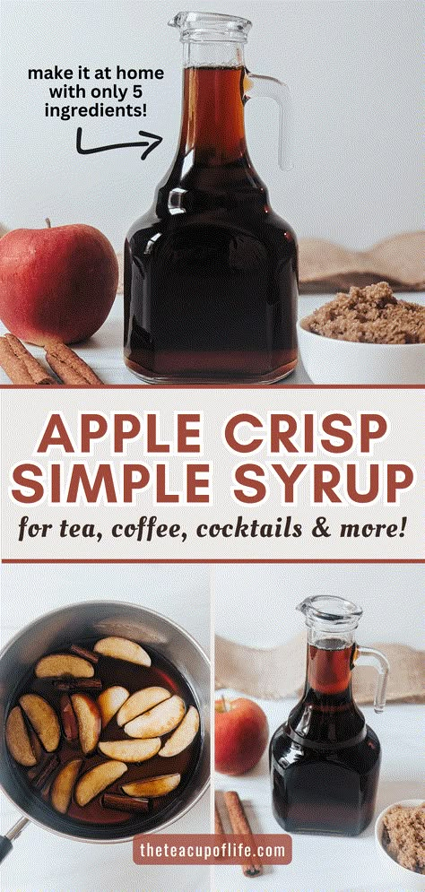 Step aside pumpkin, apple is here! This homemade Apple Crisp Simple Syrup is made with brown sugar, apples and cinnamon to taste like the timeless fall dessert. Use this simple syrup to sweeten and flavour tea, coffee, ice cream and so much more. Apple Crisp Simple, Apple Cinnamon Tea Recipe, Apple Syrup Recipe, Apple Cinnamon Tea, Homemade Coffee Syrup, Brown Sugar Simple Syrup, Homemade Apple Crisp, Cinnamon Drink, Apple Brown Sugar