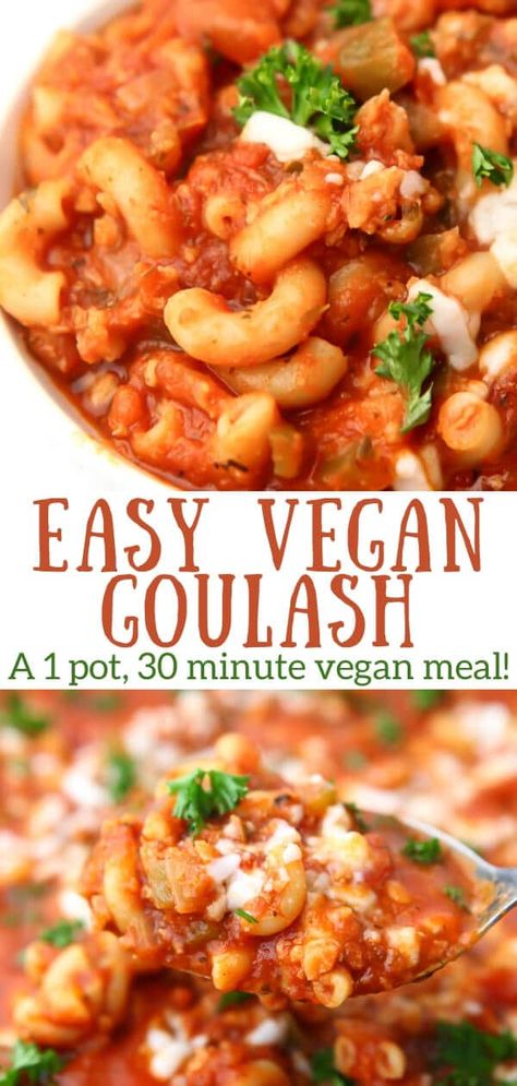 Meatless Goulash Recipes, Casserole Recipes Vegan, Goulash American, Vegetarian Goulash, Vegan Stews, Vegan Goulash, Saucy Pasta, Vegan Casserole Recipes, American Goulash