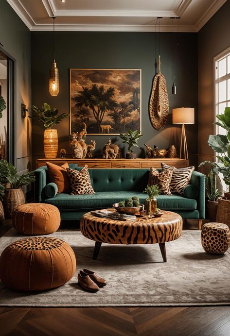 48 Super Cute Dream Room Inspirations For Ultimate Coziness! Emerald Green And Animal Print Living Room, Green And Cheetah Living Room, Emerald Green Black Gold Living Room, Chic Sitting Room Ideas, Moody Maximalist Living Room, Cozy Moody Living Room, Living Room Lighting Ideas Low Ceiling, Green Couch Living Room Ideas, Snug Lounge