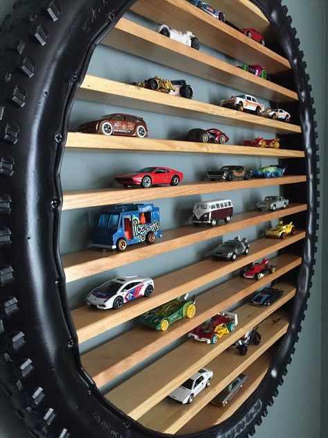 Tire Shelf, Matchbox Cars Display, Diy Display Shelf, Hot Wheels Storage, Car Themed Bedrooms, Hot Wheels Room, Hot Wheels Display, Cars Room, Diy Furniture For Small Spaces