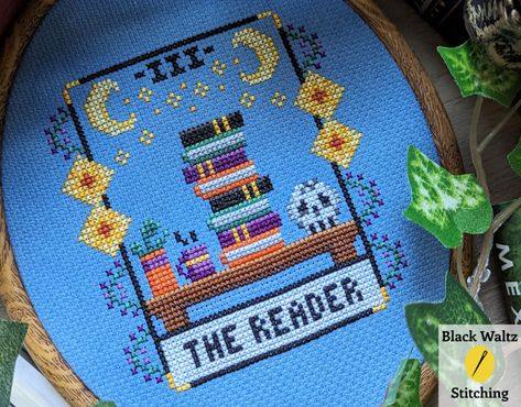 Loops On Hoops: Literary Cross Stitch and Embroidery | Book Riot Book Themed Cross Stitch, Literary Cross Stitch, Bookish Cross Stitch, Tarot Card Cross Stitch, Library Cross Stitch, Book Cross Stitch Pattern, Magic Cross Stitch, Books Cross Stitch, Book Cross Stitch