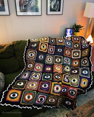 Crochet Eyeball Blanket, Quirky Crochet Blanket, Crochet Eyes Blanket, Evil Eye Interior Design, Third Eye Crochet, Random Yarn Crochet Blanket, Crochet Evil Eye Blanket, Eye Crochet Blanket, Eye Blanket Crochet