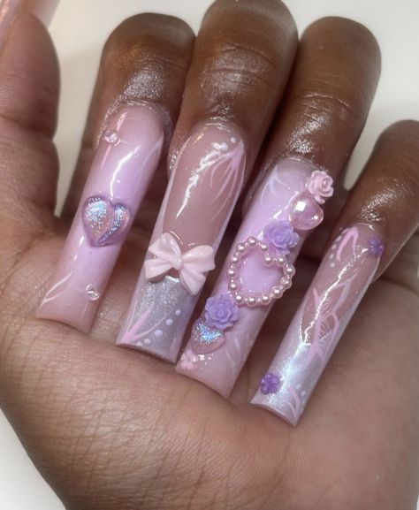 Jelly Spring Nails, Quinceanera Nails Purple Butterfly, Pink Airbrush Nails, Purple Fairy Nails, Pink Princess Nails, Mlp Nails, Kawaii Nails Acrylic, Fairy Nails Acrylic Long, Purple Y2k Nails