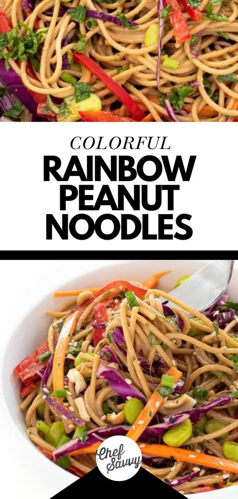 Save this Quick & Easy Rainbow Peanut Noodles Recipe! These Rainbow Peanut Noodles make a fresh colorful lunch or dinner. Loaded with red cabbage, bell peppers, carrots and fresh herbs! Then tossed in a delicious peanut sauce dressing! These Rainbow Peanut Noodles are great for meal prep! Follow Chef Savvy for more Pasta & Noodles Recipes! Pasta Noodles Recipes, Rainbow Peanut Noodles, Peanut Sauce Dressing, Peanut Noodles Recipe, 30 Minute Meals Healthy, Chef Savvy, Peanut Salad, Noodles Recipes, Favorite Pasta Recipes