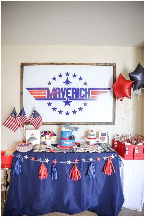 TOP ONE | Maverick’s Top Gun First Birthday Topgun Maverick Party, Topgun Maverick Birthday Theme, Topgun Maverick Birthday, Top One Maverick Birthday, 1st Birthday Plane Theme, First In Flight Birthday, Top One Birthday Party Theme, Maverick Birthday Party, First Flight Birthday Party