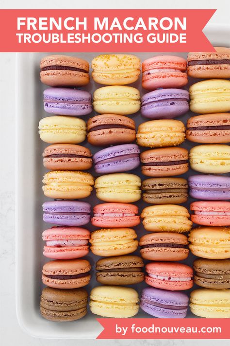 This French macaron troubleshooting guide contains everything you need to master macarons: basic advice, countless tips, photos, recipes, and a video class! French Macaron Troubleshooting, Macaron Troubleshooting, Homemade Macarons, French Delicacies, French Macarons Recipe, Macaron Recipes, How To Make Macarons, French Macaron, Tiny Treats