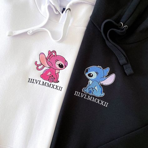 Embroidered Stitch Couple, Couple matching Personalized Hoodie Sweatshirt/Hoodie/Tshirt  MATERIAL DETAILS 🌸 UNISEX T-SHIRT ♡ Bella Canvas - 100% Airlume combed and ringspun cotton (fiber content may vary for different colors) ♡ Light fabric (4.2 oz/yd² (142 g/m 🌸 UNISEX SWEATSHIRT, HOODIE ♡ 50% cotton, 50% polyester ♡ Medium-heavy fabric (8.0 oz/yd² (271.25 g/m ♡ Loose fit 🌸 SIZE ♡ Please note that these are unisex size ♡ Take a look at the photos to see a specific sizing chart for this sweatshirt style ♡ Lay your favorite shirt at home flat and measure armpit to armpit to compare to the size chart in the photos 🌸 WASHING INSTRUCTIONS ♡ Wash inside out, in cold water, on gentle cycle. Tumble dry low or let air dry ♡ Do not use Fabric Softeners or Bleach ♡ Do not dry clean. Avoid ironin Couples Hoodies Aesthetic, Stitch Couple, Embroidery Personalized, Matching Hoodies For Couples, Matching Embroidery, Couple Hoodies, Stitch Hoodie, Matching Hoodies, Couples Sweatshirts