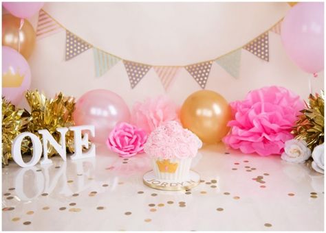 Gold First Birthday Cake, Gold Cake Smash, Pink Gold Cake, Pink And Gold First Birthday, Minnie Mouse Birthday Party Decorations, Cake Smash Theme, Minnie Mouse First Birthday, First Birthday Photography, 2nd Birthday Party For Girl