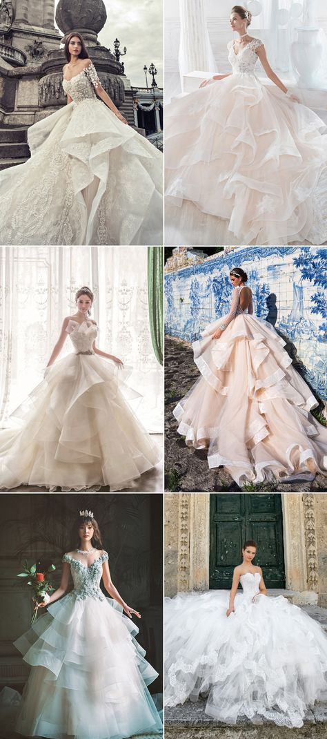 24 Stunning Layered Wedding Dresses With Show-Stopping Tiered Skirts! Layered Ball Gown Wedding Dress, Wedding Dress With Tiered Skirt, Wedding Dress With Layered Tulle Skirt, Layeredwedding Dresses, Wedding Dress With Layered Tiered Skirt, Layered Organza Wedding Dress, Wedding Dresses With Ruffles And Tiered Skirt, Wedding Dress Layered Skirt, Wedding Dress Layered Skirt Ruffles