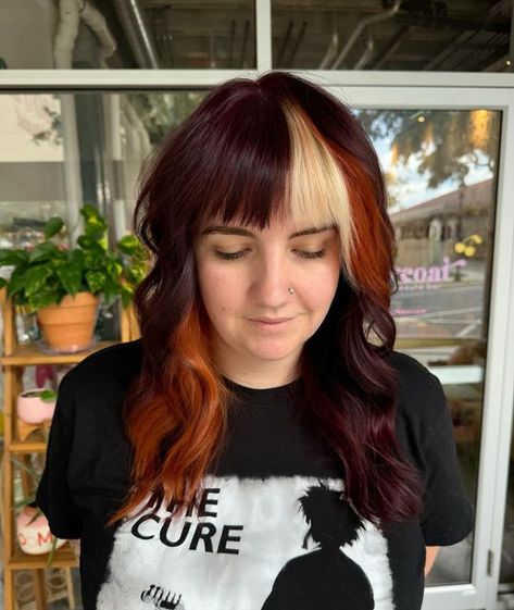 Mallari Collums on Instagram: "Calico lady 😻 @jaimeseamonkey 
.
#ocalahairstylist #ocalamarion #ocalahair #centralflstylist #redhair #copperhair #floridahairstylist #bangs #highlights #blockplacement" Reverse Balayage Red, Fall Split Dye Hair, Alt Fall Hair, Soft Calico Hair, Asymmetrical Highlights, Calico Hair Placement, Calico Hair With Bangs, Calico Hair Color Placement, Purple Calico Hair