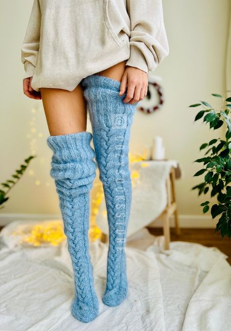 Cable thigh high socks 35" Knitting pattern by CozySocksStore Diy Thigh High Socks, Thigh High Knit Socks, Angora Socks, Knitted Socks Free Pattern, Sewn Clothes, Cable Knit Socks, Knitting Terms, Thigh Socks, Knit Stockings