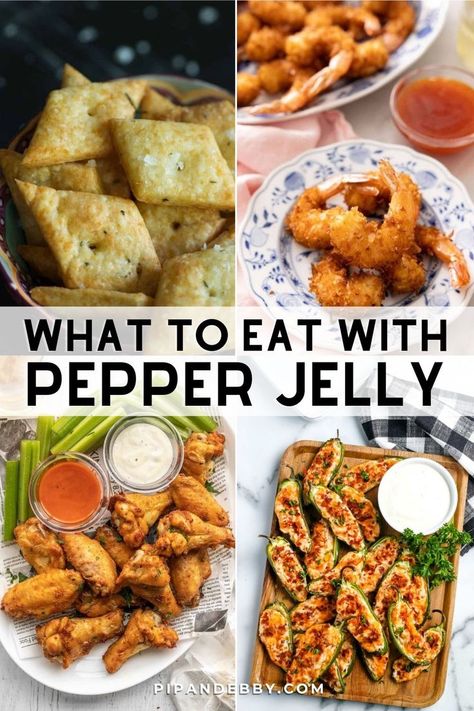 Pinterest image for What to eat with pepper jelly and 4 foods that pair well with the jelly. Pepper Jelly Dinner Recipes, Recipes That Use Pepper Jelly, What To Make With Pepper Jelly, Jalapeno Jelly Uses, What To Use Pepper Jelly With, Things To Make With Pepper Jelly, Recipes With Jalapeno Jelly, Ways To Use Hot Pepper Jelly, Recipes With Pepper Jelly Appetizers